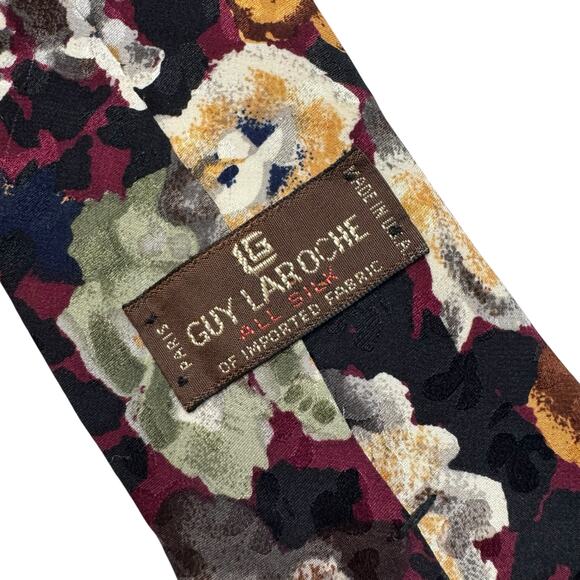 Vintage GUY LAROCHE Red Floral 100% Silk Tie Art Painted Made in USA - Picture 3 of 5